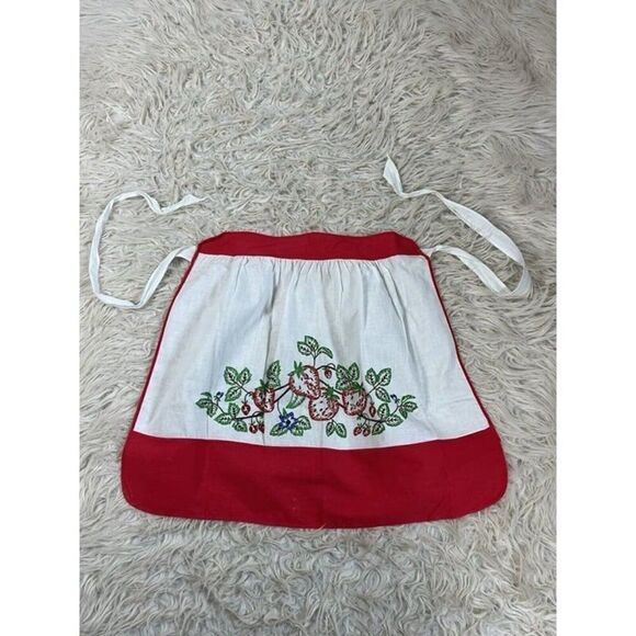 Vintage Handmade Strawberry Cottagecore Apron Kitchen Garden Embroidered OS - Picture 3 of 7